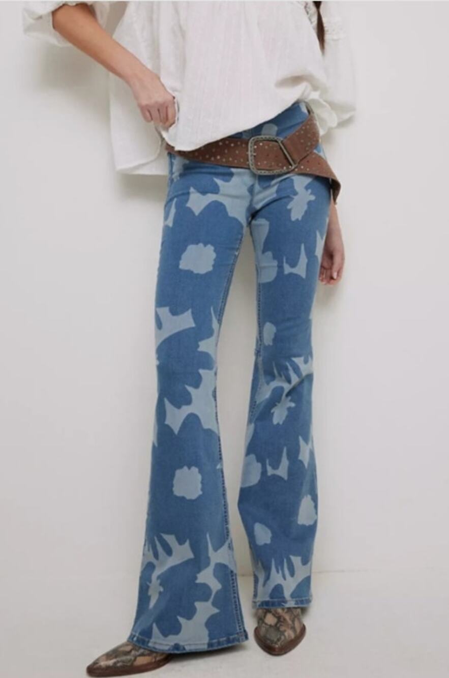 Free People Jeans Penny Pull On Flare High Rise Floral Denim Boho Hippie Retro